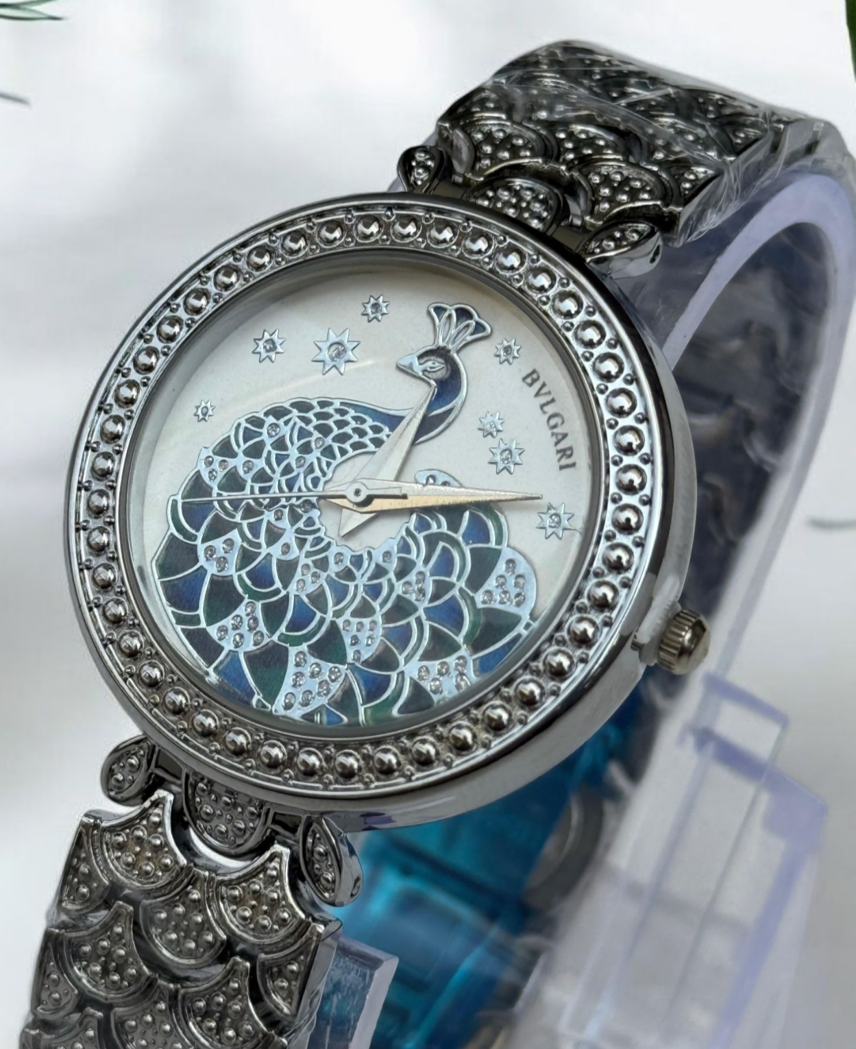 Bvlgari Ladies Watch – Stainless Steel with Peacock Engraved Dial