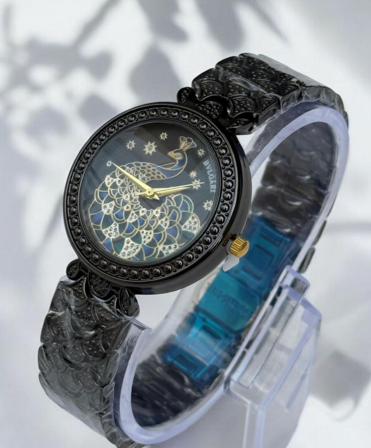 Bvlgari Ladies Watch – Stainless Steel with Peacock Engraved Dial