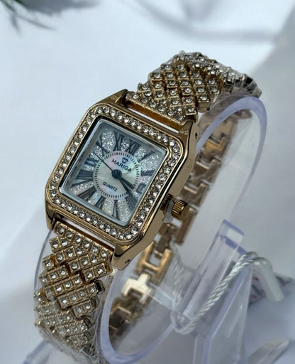 Mariga Ladies Luxury Watch – Golden Elegance with White Stones & Date Display