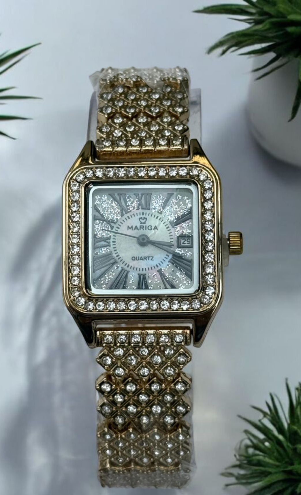 Mariga Ladies Luxury Watch – Golden Elegance with White Stones & Date Display