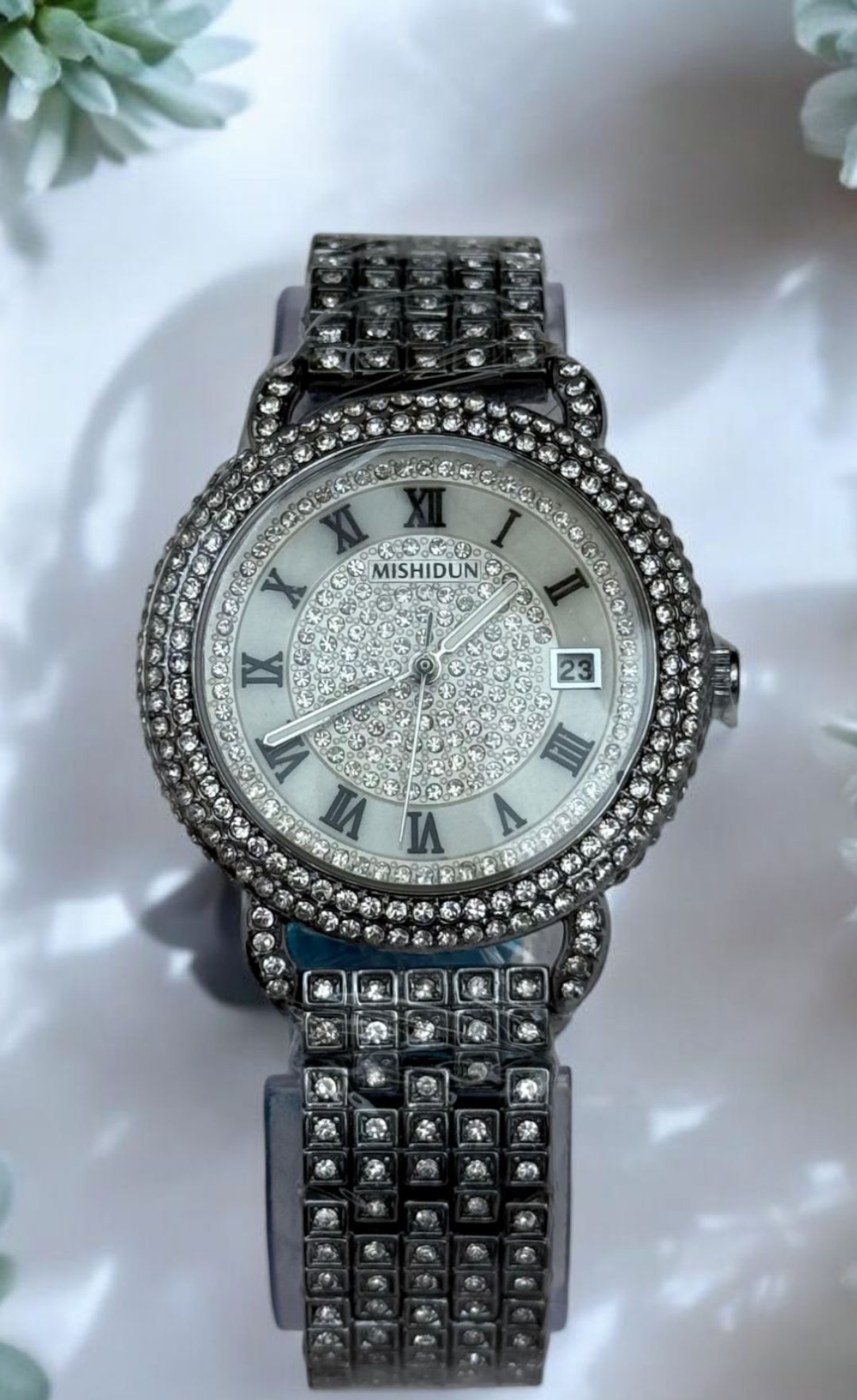 Mishidun Women's Luxury Watch – Dazzling White Stones with Master Lock