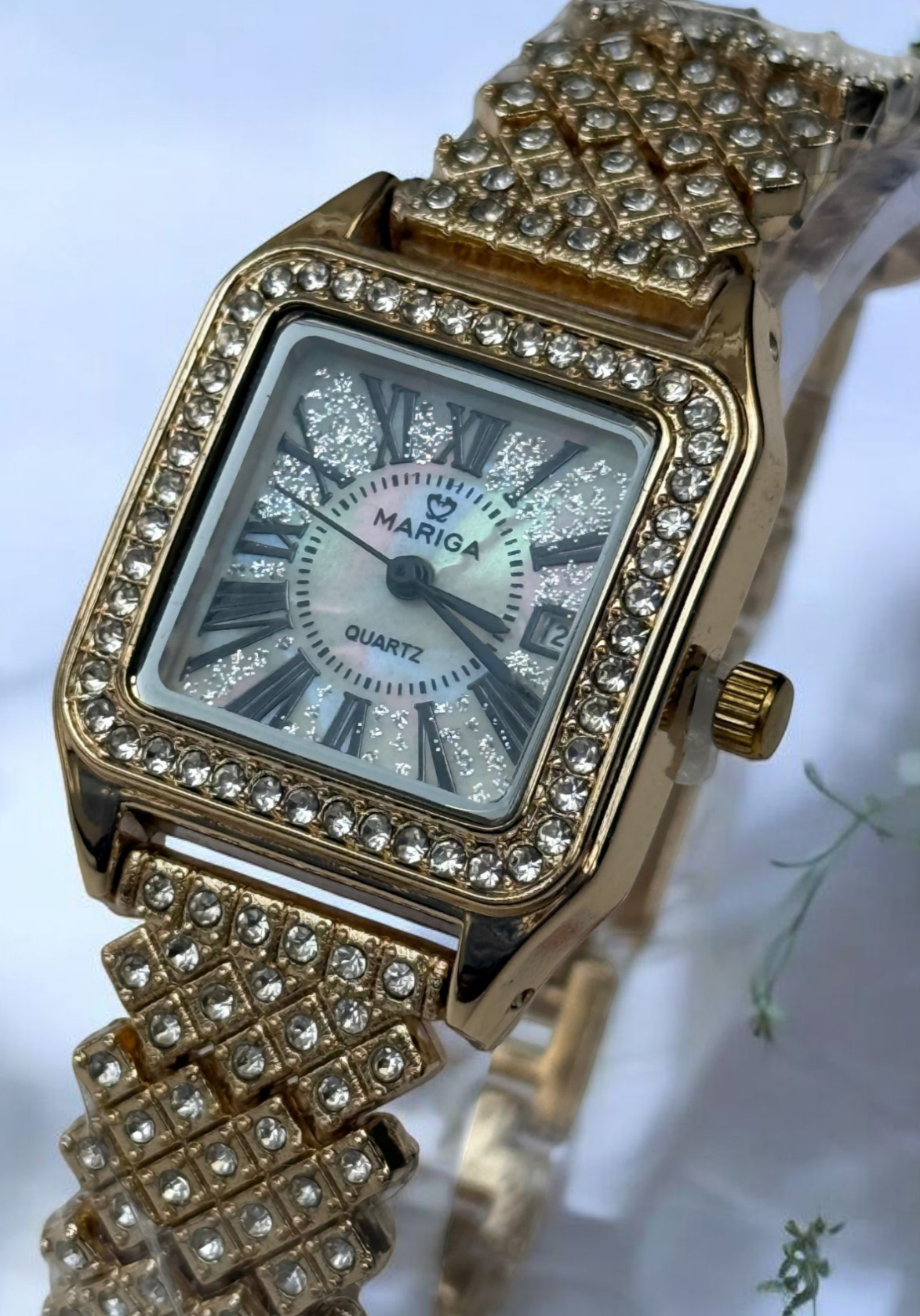 Mariga Ladies Luxury Watch – Golden Elegance with White Stones & Date Display