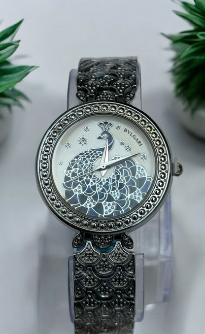 Bvlgari Ladies Watch – Stainless Steel with Peacock Engraved Dial