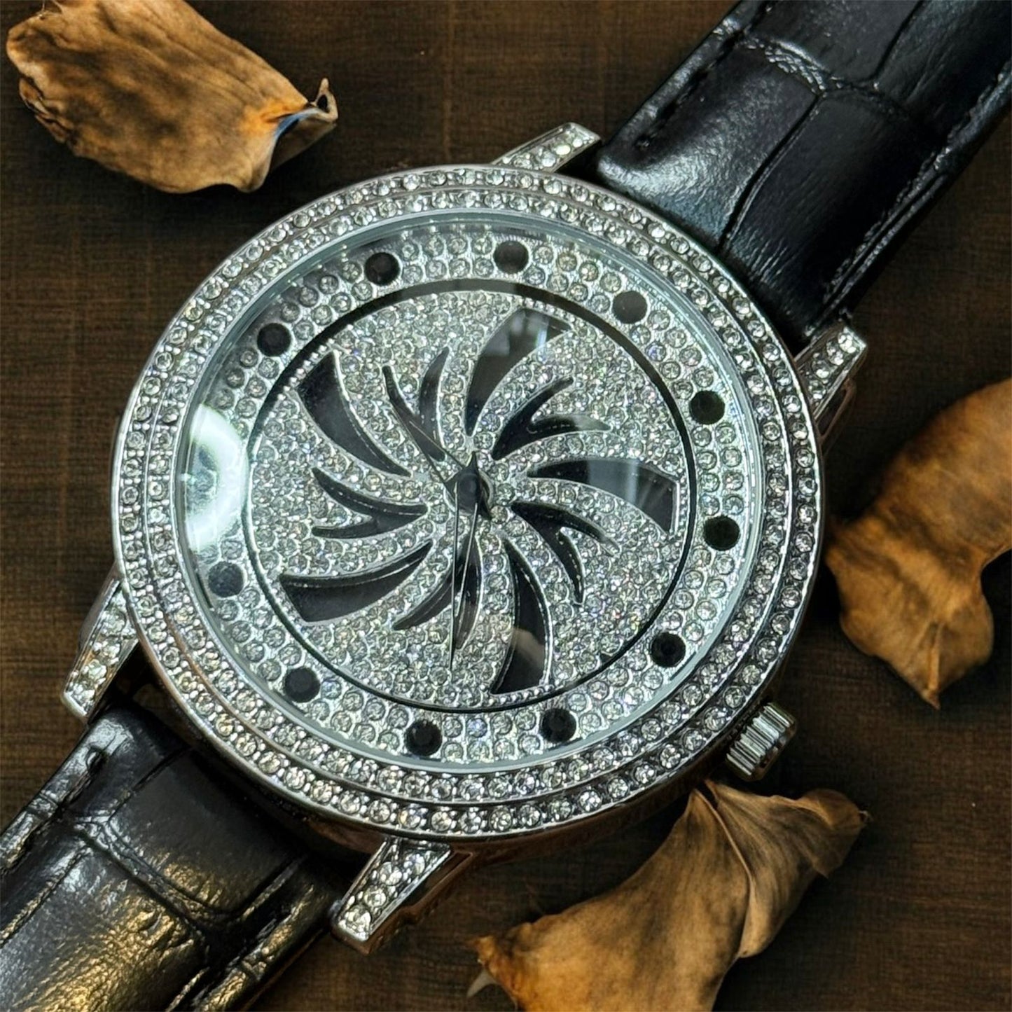 Stones Iced-Out Watch with Rotating Dial