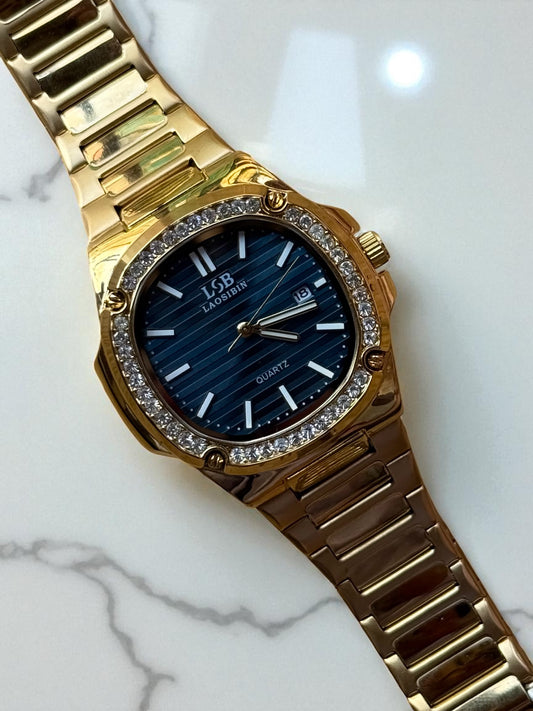 Laosibin Stainless Steel Golden Watch – Stone-Studded Dial