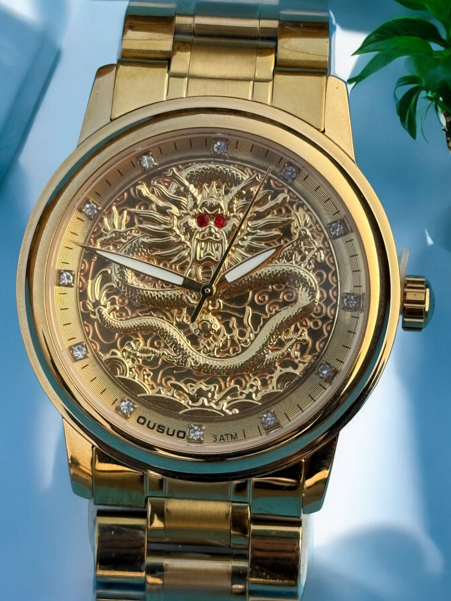 Luxury Golden Watch with Dragon Engraving & Butterfly Lock