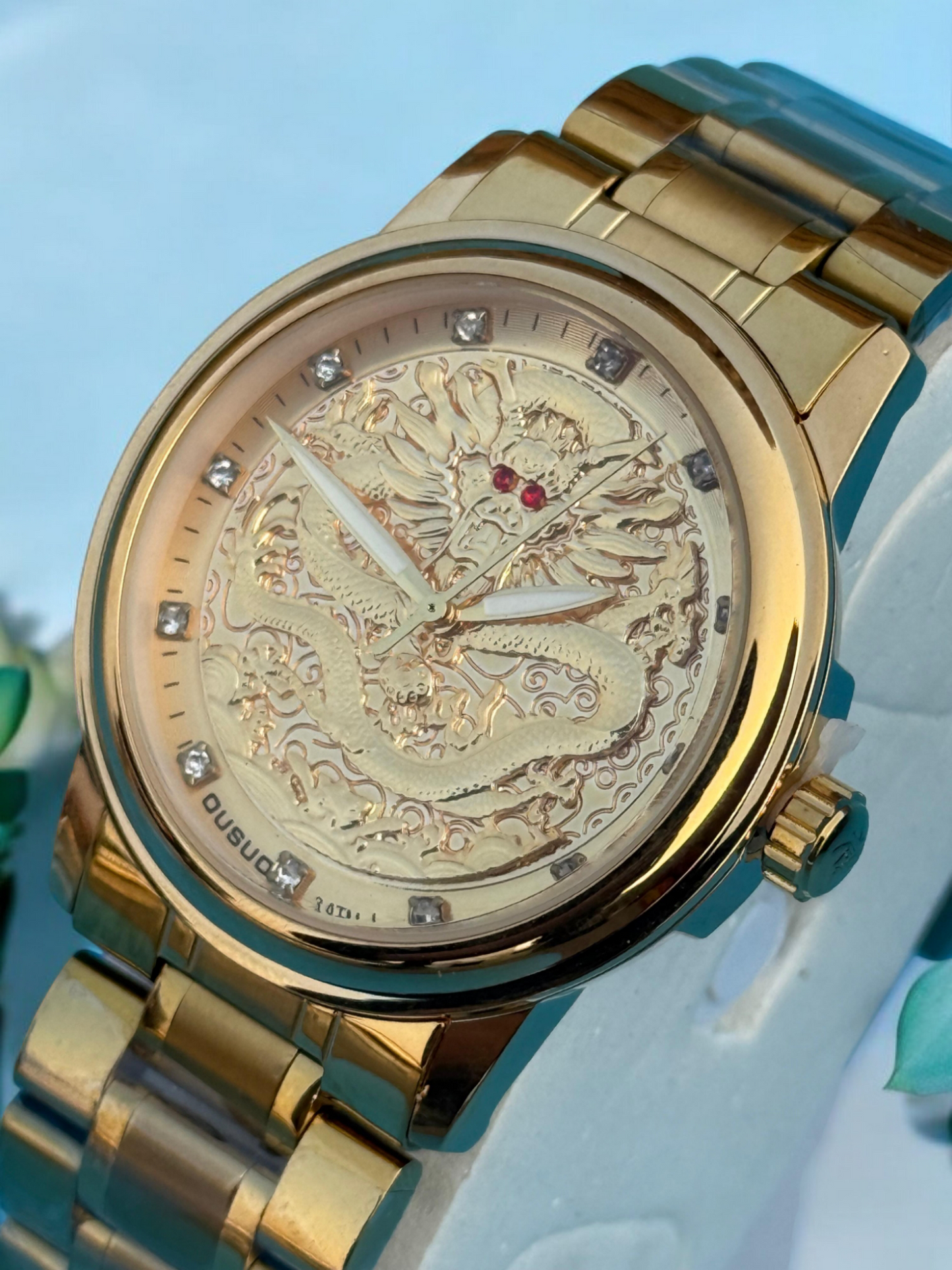Luxury Golden Watch with Dragon Engraving & Butterfly Lock