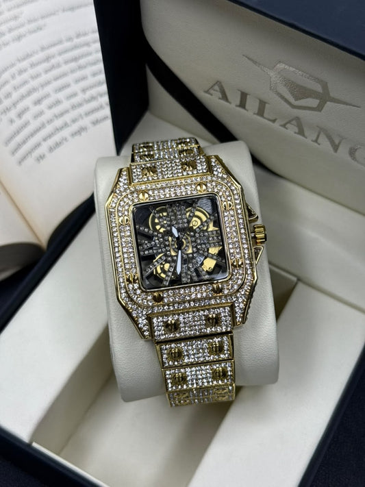 Luxury Iced-Out Stone Watch – Gold Edition